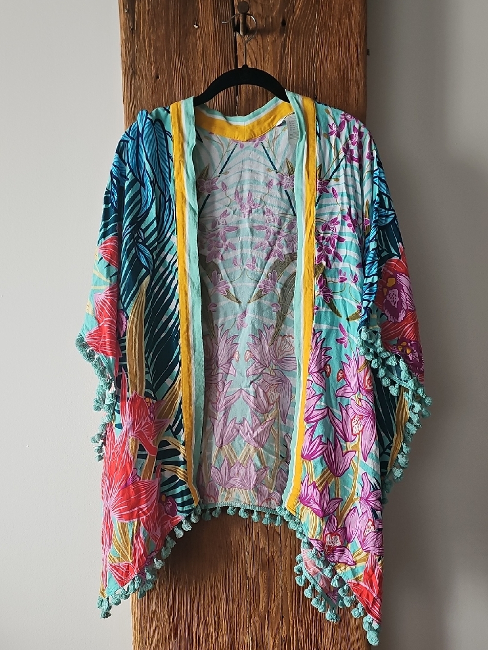 EUC Trina Turk Teal, Pink & Yellow Floral Open Beach Cover Up W/ Tassels O/S